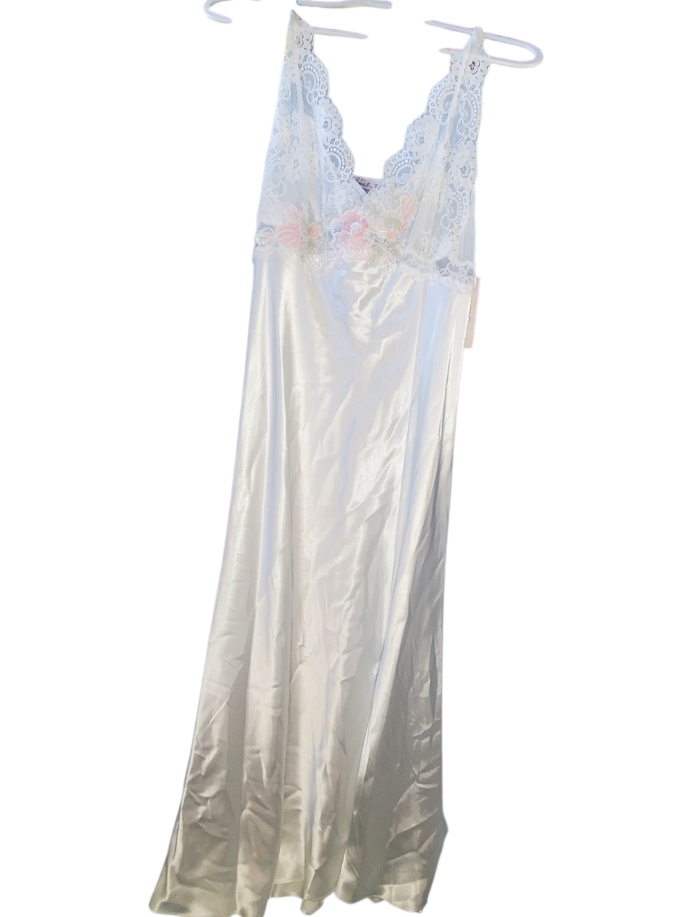 Linea Donatella White Satin Like Slip with Pink Floral Lace Size L